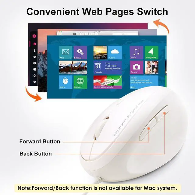 Alt view image 6 of 7 - Wired Ergonomic Mouse Optical Vertical Mice for Small Hands Reduce Wrist Strain 1000/1600 DPI 6 Buttons Compatible with MacBook PC Laptop Desktop Windows Mac OS White