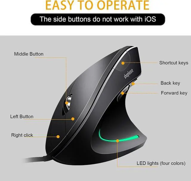 Alt view image 5 of 7 - Wired Vertical Mouse Optical Ergonomic Mouse with 4 Adjustable 800/1200/2000/3200 5 Buttons USB Computer Mouse Better for Large and Medium Sized Hands