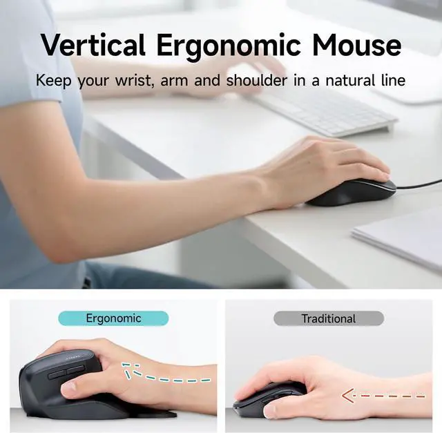 Alt view image 3 of 7 - Wireless Ergonomic Mouse for Large Hands Silent Click Vertical Mice with Removable Wrist Rest 1000-4000 DPI 3-Device (2.4G + 2 Bluetooth 5.4) Compatible with Mac Windows Laptop PC Black