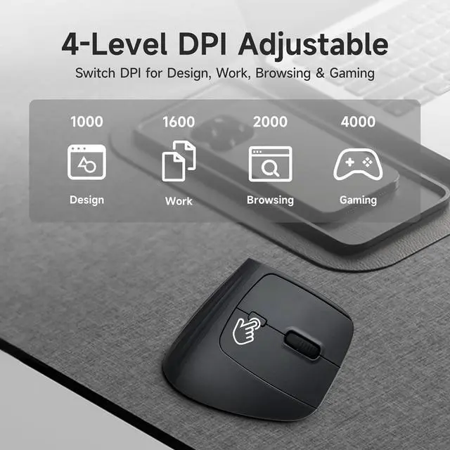 Alt view image 5 of 7 - Wireless Ergonomic Mouse for Large Hands Silent Click Vertical Mice with Removable Wrist Rest 1000-4000 DPI 3-Device (2.4G + 2 Bluetooth 5.4) Compatible with Mac Windows Laptop PC Black