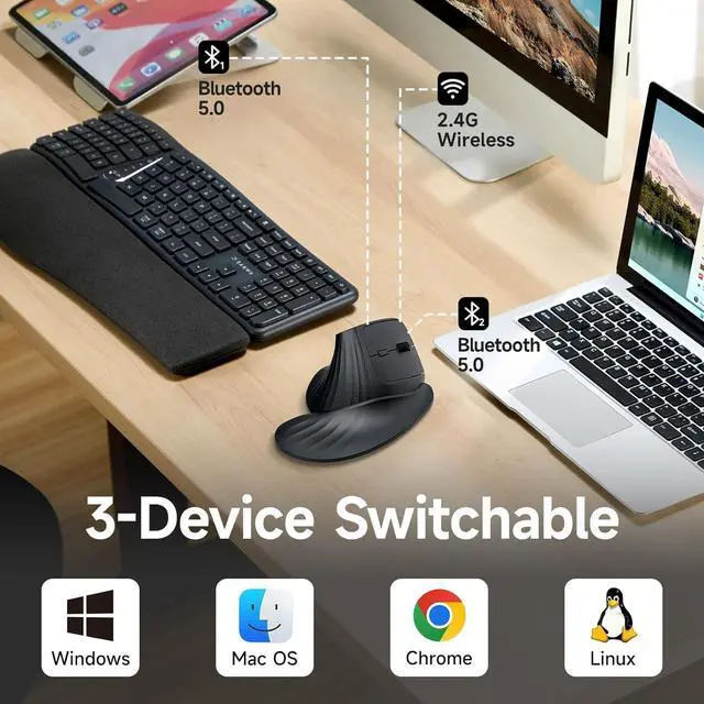 Alt view image 4 of 7 - Wireless Ergonomic Mouse for Large Hands Silent Click Vertical Mice with Removable Wrist Rest 1000-4000 DPI 3-Device (2.4G + 2 Bluetooth 5.4) Compatible with Mac Windows Laptop PC Black