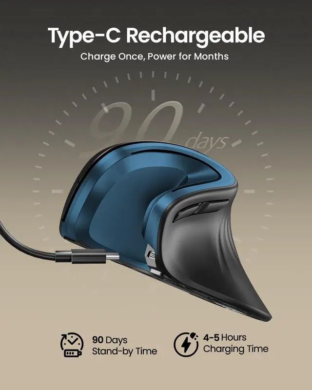 Alt view image 2 of 7 - Ergonomic Mouse EM11 NL Bluetooth Rechargeable Wireless Vertical Mouse 3 Multi-Device Connectivity for Computer/PC/Laptop 2.4GHz Optical Mice for Windows Mac OS Blue