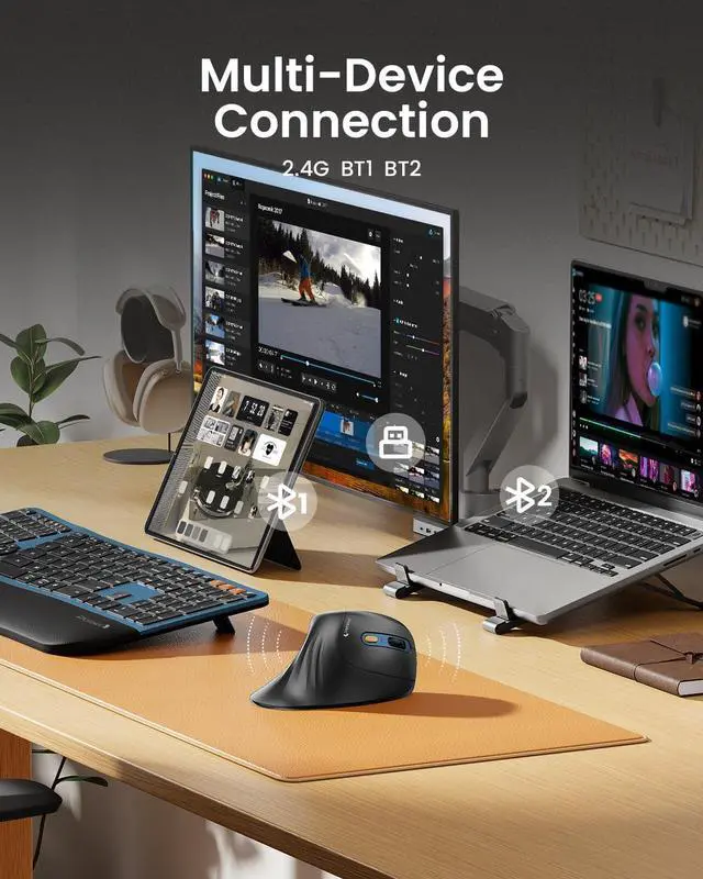 Alt view image 3 of 7 - Ergonomic Mouse EM11 NL Bluetooth Rechargeable Wireless Vertical Mouse 3 Multi-Device Connectivity for Computer/PC/Laptop 2.4GHz Optical Mice for Windows Mac OS Blue