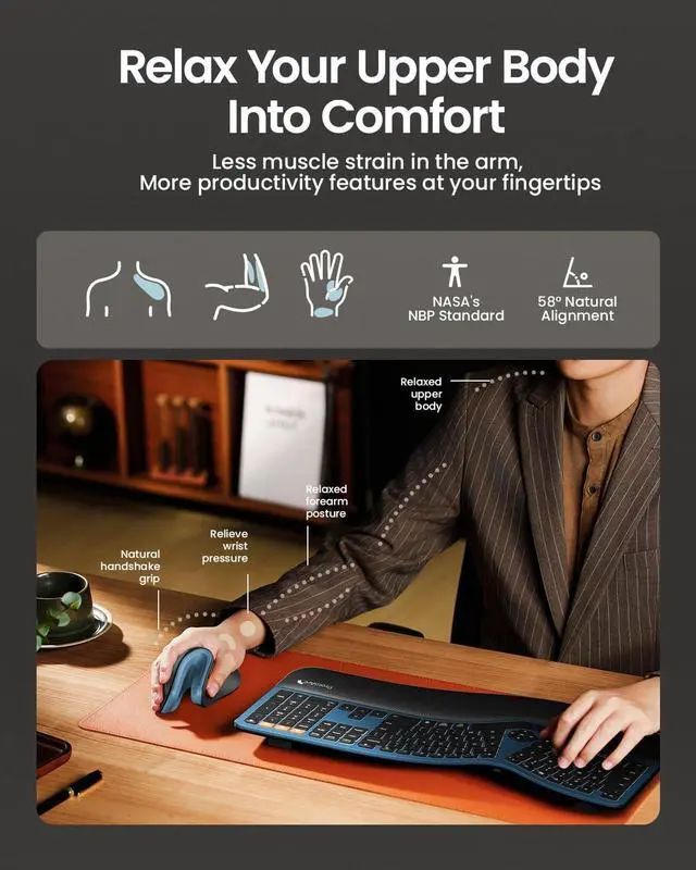 Alt view image 4 of 7 - Ergonomic Mouse EM11 NL Bluetooth Rechargeable Wireless Vertical Mouse 3 Multi-Device Connectivity for Computer/PC/Laptop 2.4GHz Optical Mice for Windows Mac OS Blue