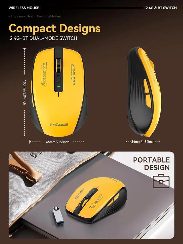 Alt view image 7 of 7 - Wireless Mouse (Bluetooth & 2.4GHz USB) with Forward/Backward Side Keys Silent Click Ergonomic Portable AA Battery Mice for Laptop/Mac/iPad - Office & Travel Use Yellow & Black