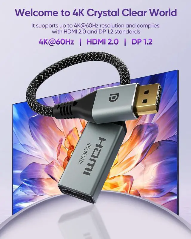 Alt view image 2 of 7 - 4K Display Port to HDMI Adapter [4K@60Hz 2K@165Hz 2K@144Hz] Uni-Directional DP Male to HDMI Female Converter for Monitor Computer TV Projector