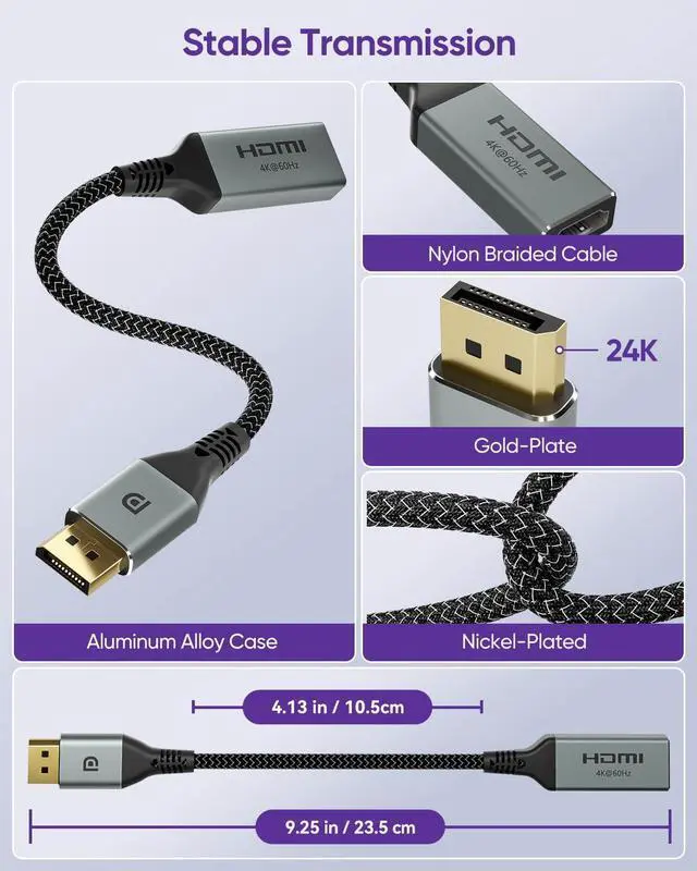 Alt view image 7 of 7 - 4K Display Port to HDMI Adapter [4K@60Hz 2K@165Hz 2K@144Hz] Uni-Directional DP Male to HDMI Female Converter for Monitor Computer TV Projector