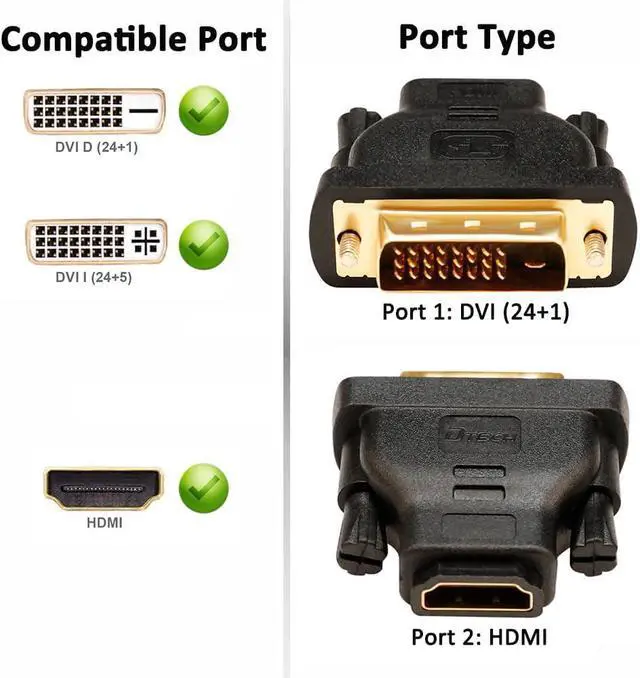 Alt view image 2 of 6 - DTech DVI to HDMI Adapter DVI Male to HDMI Female Bi-Directional DVI-D Port Converter 4K 1080P Gold Plated Connector