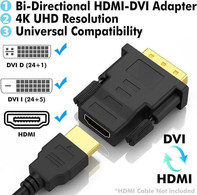 Alt view image 2 of 7 - DVI to HDMI Adapter 2-Pack  Bi-Directional DVI-D Male to HDMI Female Converter  4K/30Hz UHD Video Support for Monitor HDTV Projector PC PS4 Laptop  Gold-Plated Connectors