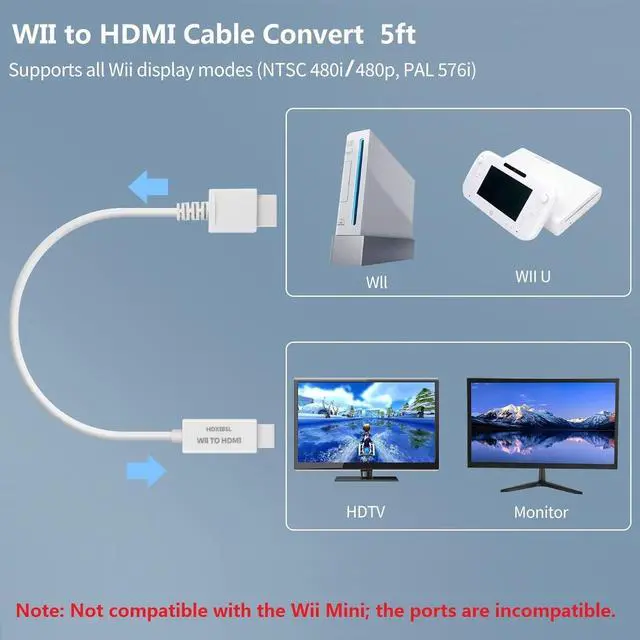 Alt view image 2 of 7 - 5ft WII to HDMI Converter Cable Adapter for use with Full HD 1080P Devices with an HDMI Port Compatible with WII U HDTV Monitor (White)