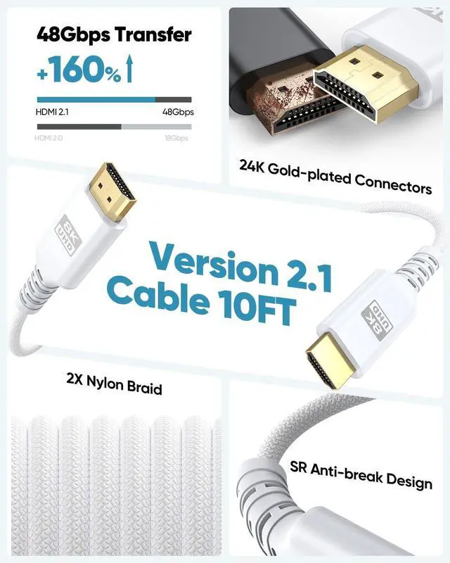 Alt view image 5 of 7 - 8K White HDMI Cable 10FT 48Gbps Ultra High Speed HDMI 2.1 Cable eARC Braided HDMI Cord with 8K@60Hz 4K@120Hz HDR10+ Dolby 3D HDCP2.3 for Laptop/Monitor/HDTV/Soundbar/Blu-ray/PS5/Xbox
