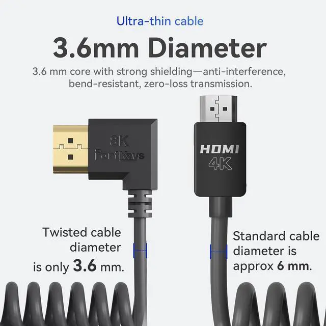Alt view image 6 of 7 - 8K HDMI Cable Copper Core 3.6mm Diameter 48Gbps Full PIN HDMI 2.1 8K@60Hz 4K@240Hz UHD Support HDMI A to A for Camera HDTV Projector Computer  Xbox PS5 Apple TV (1m)