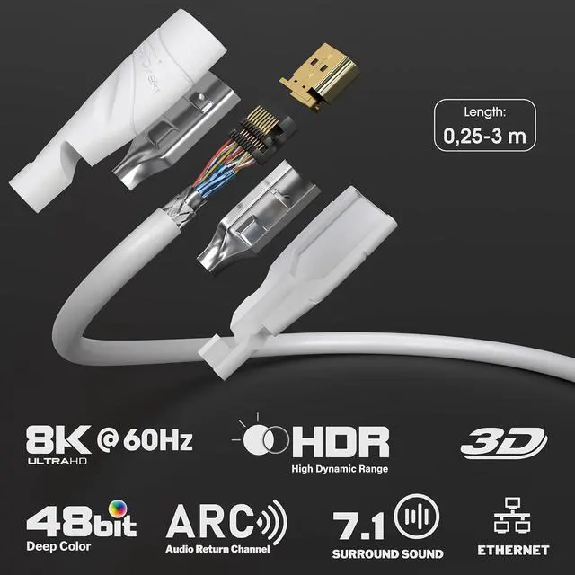Alt view image 2 of 7 - 8K / 4K HDMI Cable  1.5ft & More HDMI Cables (0.5ft75ft)  German-Engineered HDMI Cord  Supports 10K/8K@60Hz/4K@120Hz  HDMI Cable for HDTV PC PS5 Xbox Switch White