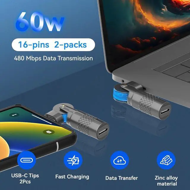 Alt view image 2 of 7 - USB C 180 Degree Adapter 60W (2 Pack) USB C to USB CAdapter High-Speed Data Transfer for MacBook Pro iPad Pro  Notebook  XPS and More Type C Devices