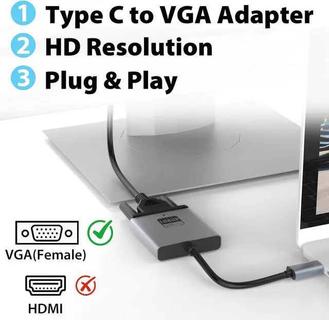 Alt view image 2 of 7 - VGA to USB C Adapter Type-C to VGA Female Video Converter Supports 1080P@60Hz Plug & Play Compact & Durable Compatible with MacBook  HP Chromebook iPad Pro & More No Audio