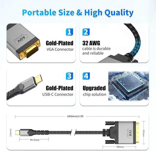 Alt view image 3 of 7 - USB-C to VGA Adapter 3.3ft Cable Plug & Play Type-C to VGA (15-Pin) Adapter with Metal Woven Shielding & Anti-Interference Ability Projector HDTV Computer
