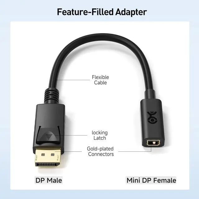 Alt view image 7 of 7 - Bi-Directional DisplayPort to Mini DisplayPort Adapter - 6 Inches DP Male to Mini DP Female Adapter Cable Not Compatible with Thunderbolt/Thunderbolt 2 Display/Monitor Not for HDMI