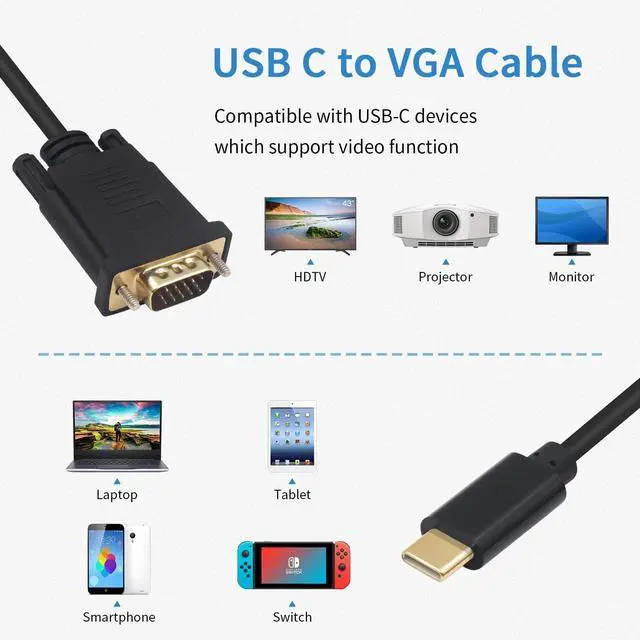 Alt view image 3 of 7 - USB C to VGA Adapter Cable 6FT/1.8M USB Type-C to VGA Male to Male Converter Cable with Gold-Plated Port for Monitor Phones Laptops and HDTV (Not Support Thunderbolt Port)