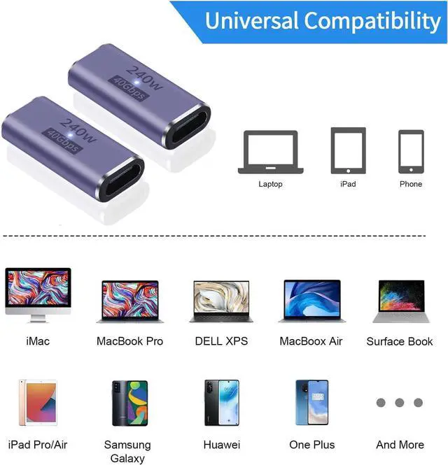 Alt view image 5 of 6 - 240W USB C Coupler (2 Pack) USB Type C Female to Female Adapter Extender Compatible with Thunderbolt 4/3 Support up to 240W Charging 40Gbps Data Transfer and 8K@60Hz Video