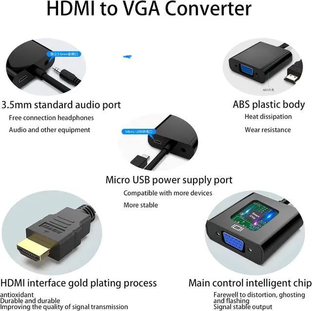 Alt view image 4 of 7 - SZFUDIGO HDMI to VGA Adapter with 3.5mm Audio and Micro USB Power - Gold-Plated HDMI to VGA Adapter (Male to Female) Compatible for Desktop Laptop Monitor Projector HDTV Xbox and More