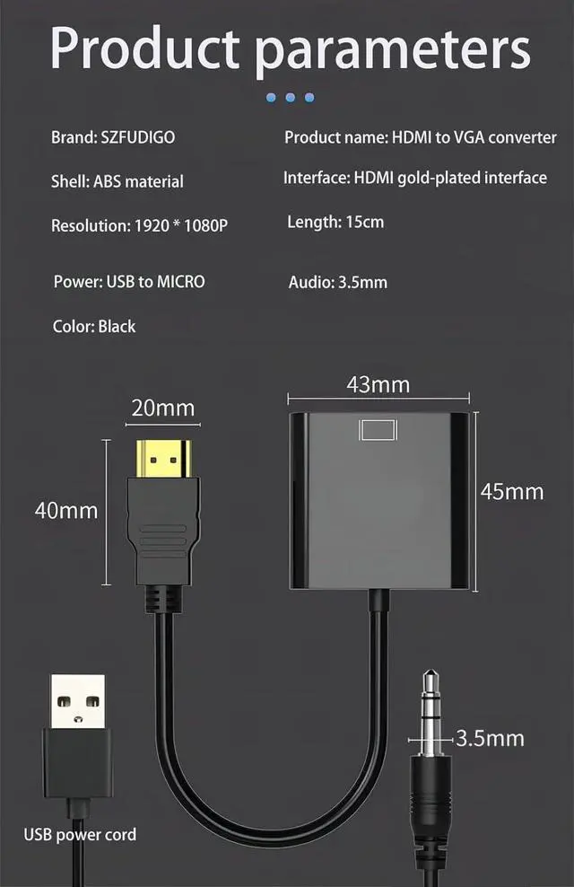 Alt view image 6 of 7 - SZFUDIGO HDMI to VGA Adapter with 3.5mm Audio and Micro USB Power - Gold-Plated HDMI to VGA Adapter (Male to Female) Compatible for Desktop Laptop Monitor Projector HDTV Xbox and More