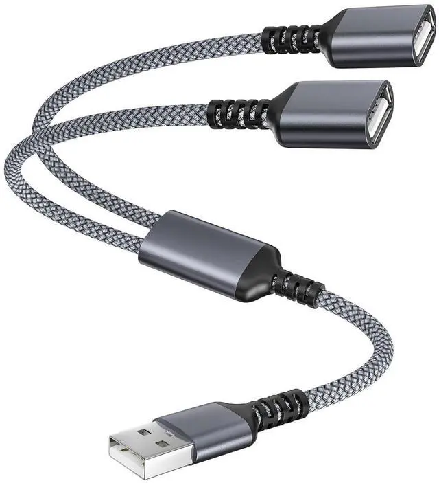 Main image of USB Splitter 1 in 2 Out 1FT USB-A Splitter Cable 1 Male to 2 Female Split Dual/Double USBA Port Hub Split for PC Laptop Keyboard Mouse Printer Flash Drive LED Support Data and Charging