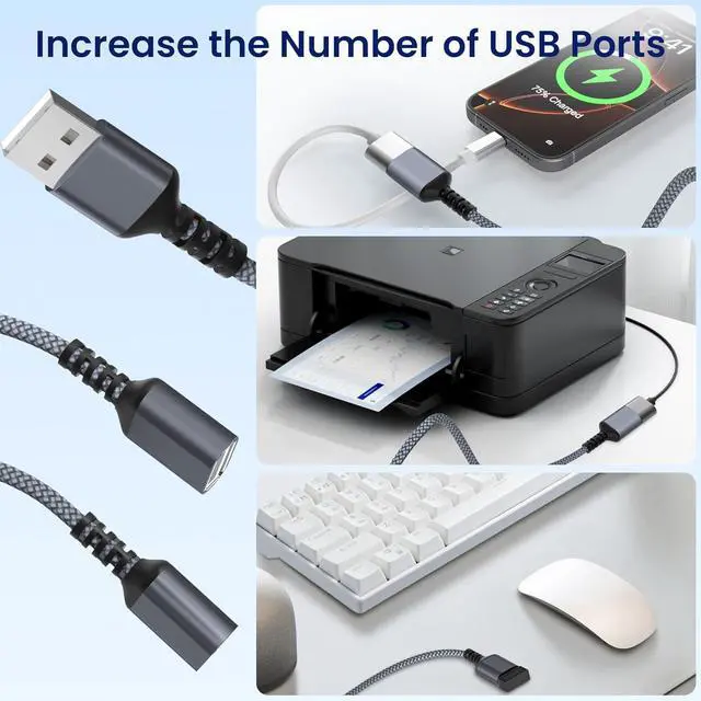 Alt view image 6 of 7 - USB Splitter 1 in 2 Out 1FT USB-A Splitter Cable 1 Male to 2 Female Split Dual/Double USBA Port Hub Split for PC Laptop Keyboard Mouse Printer Flash Drive LED Support Data and Charging