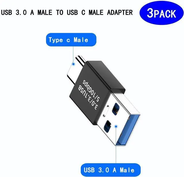 Alt view image 2 of 5 - USB 3.1 Male to USB C Male Adapter USB A to USB C Connector 10Gbps Compatible with Mobile Phones Computers Notebook Computers Black3 Pack
