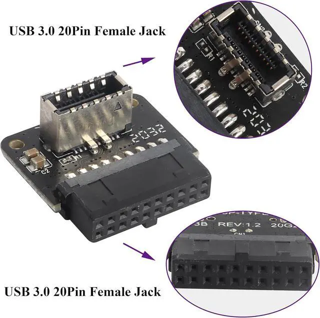 Alt view image 3 of 7 - 2Pack 90 Degree USB 20Pin to USB3.1 Type-E Front Panel Connector Down-Right Angle Type-E USB 3.1 Female to 19/20Pin USB3.0 Female Header Extension Adapter for Computer Motherboard(19Pin/Down)