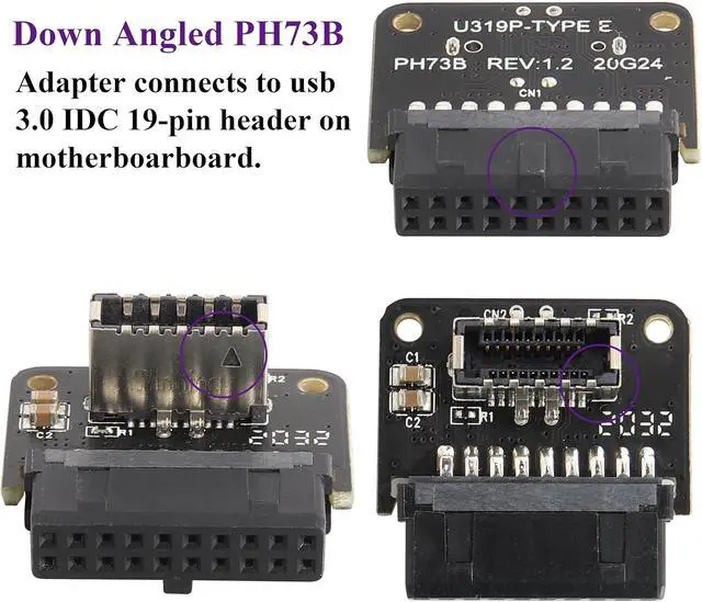 Alt view image 5 of 7 - 2Pack 90 Degree USB 20Pin to USB3.1 Type-E Front Panel Connector Down-Right Angle Type-E USB 3.1 Female to 19/20Pin USB3.0 Female Header Extension Adapter for Computer Motherboard(19Pin/Down)