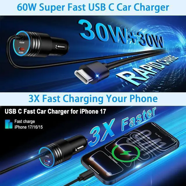 Alt view image 2 of 7 - for iPhone 17 Car Charger USB C Fast Charging 60W Super Fast iPhone 17 Car Phone Charger Adapter with 3FT Type C Cable for iPhone 17 Pro Max Air 17 Pro 16 Pro Max 16 Plus 16Pro 16e 15Pro Max