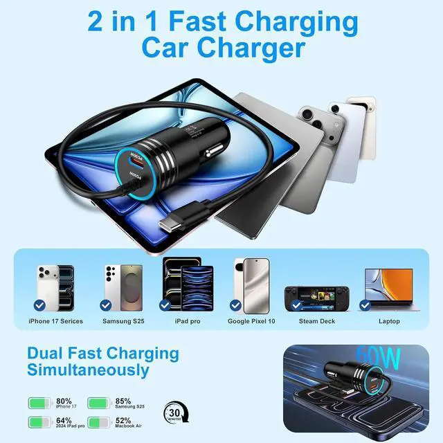 Alt view image 3 of 7 - for iPhone 17 Car Charger USB C Fast Charging 60W Super Fast iPhone 17 Car Phone Charger Adapter with 3FT Type C Cable for iPhone 17 Pro Max Air 17 Pro 16 Pro Max 16 Plus 16Pro 16e 15Pro Max