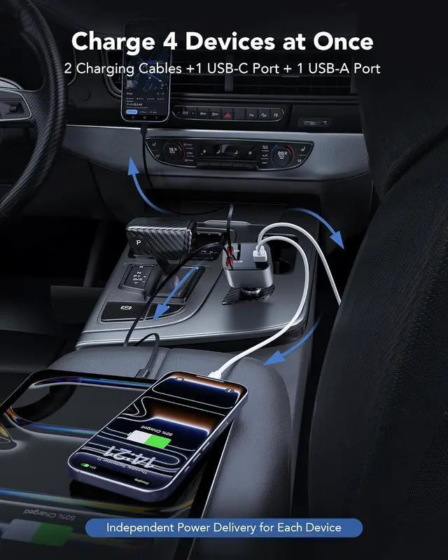 Alt view image 3 of 7 - 69W Retractable Car Charger 4-in-1 Fast Car Phone Charger with 2.6ft Two Retractable Cables and USB C+USB A Car Charging Block Cube Compatible with iPhone 13 14 15 16 17 Pro Max Plus Galaxy Pixel