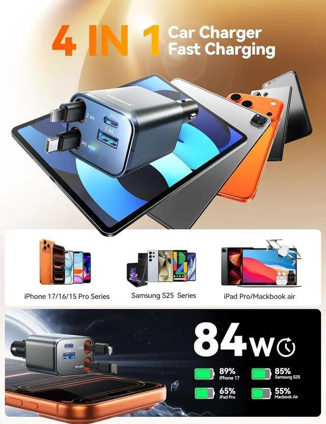 Alt view image 4 of 7 - [2025 Ultra-Compact] Retractable Car Charger 84W Car Charger USB C for iPhone 16 17 Fast Charging Car Accessories Car Adapter Travel Essentials Gifts for Women Men for iPhone 17 16 15 14 13