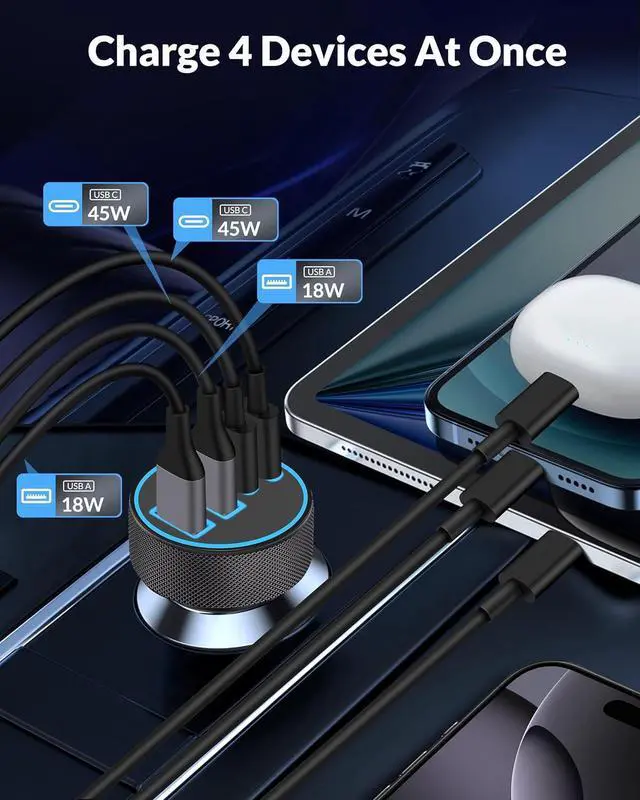 Alt view image 3 of 7 - iPhone 17 16 15 Car Charger Fast Charging 90W 4-Port USB C Fast Car Charger Cigarette Lighter Adapter with 240W 3FT USB-C Cable for iPhone 17/Air/17 Pro/16/15 Pro Max/Plus/16e iPad Galaxy Android