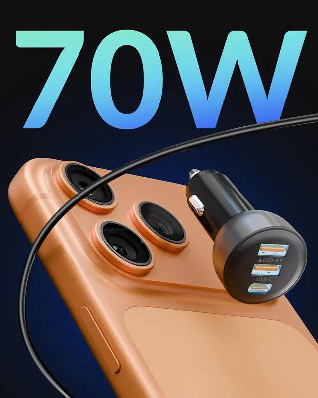 Alt view image 2 of 7 - 3-Port USB C Car Charger for iPhone 17/Air/16/16e/15 Pro Max Plus 70W PD&QC Fast Charging USB-C&A Car Charger + USBC Cable for iPad Galaxy Android Accessories Cigarette Lighter Adapter