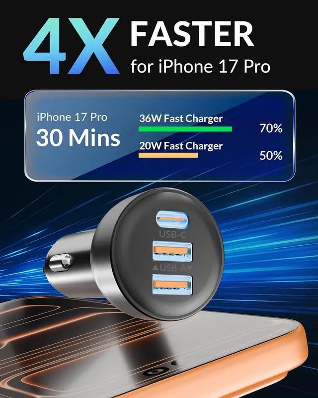 Alt view image 3 of 7 - 3-Port USB C Car Charger for iPhone 17/Air/16/16e/15 Pro Max Plus 70W PD&QC Fast Charging USB-C&A Car Charger + USBC Cable for iPad Galaxy Android Accessories Cigarette Lighter Adapter