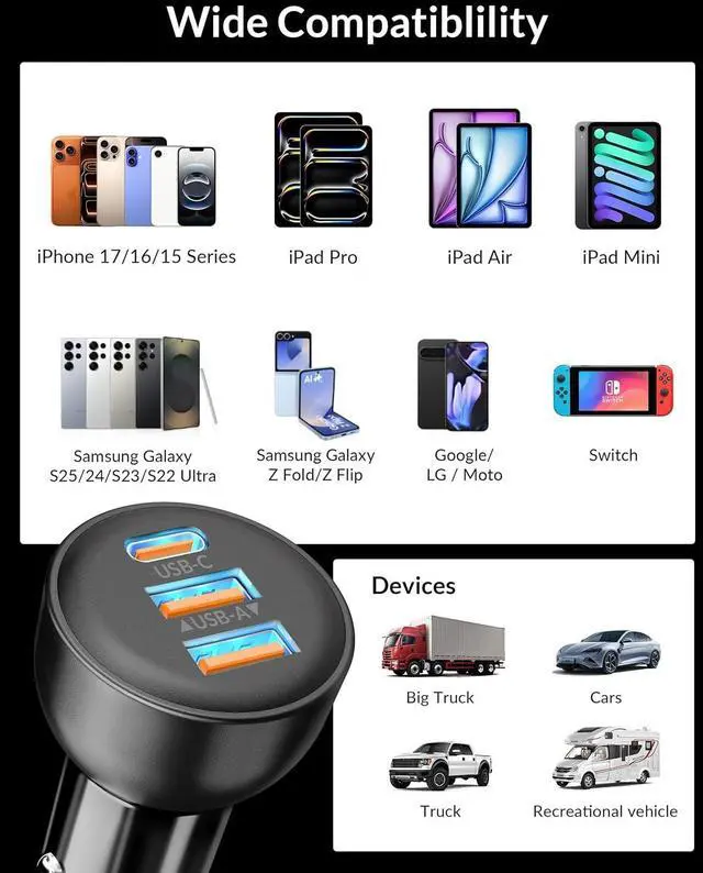 Alt view image 7 of 7 - 3-Port USB C Car Charger for iPhone 17/Air/16/16e/15 Pro Max Plus 70W PD&QC Fast Charging USB-C&A Car Charger + USBC Cable for iPad Galaxy Android Accessories Cigarette Lighter Adapter