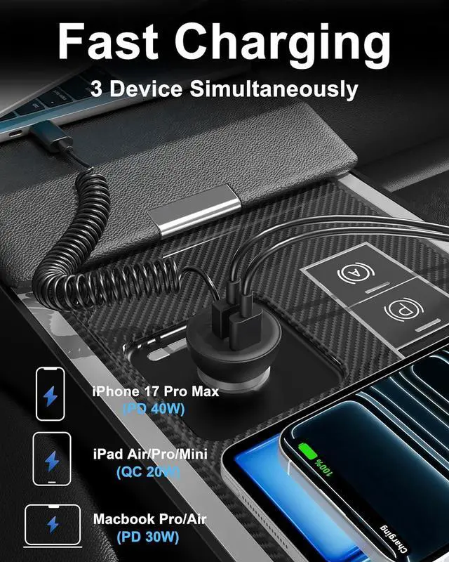 Alt view image 3 of 7 - 90W iPhone 17/17 Pro Max/Air Car Charger Fast Charging 3-Port USB C Fast Car Charger Cigarette Lighter Adapter & 4FT USB-C Coiled Cable for iPhone 17/Air/17 Pro /16/15 Pro Max/Plus iPad Android