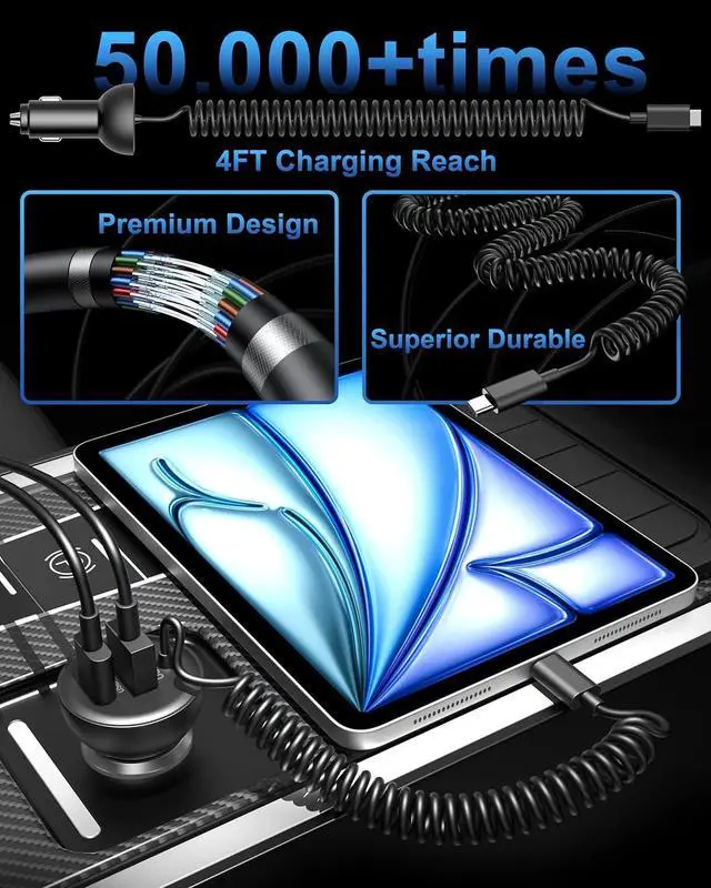 Alt view image 4 of 7 - 90W iPhone 17/17 Pro Max/Air Car Charger Fast Charging 3-Port USB C Fast Car Charger Cigarette Lighter Adapter & 4FT USB-C Coiled Cable for iPhone 17/Air/17 Pro /16/15 Pro Max/Plus iPad Android