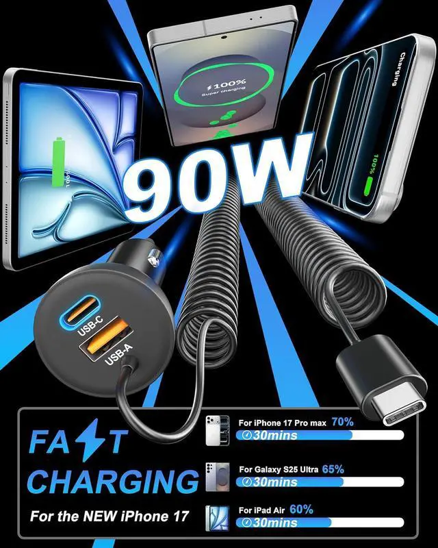 Alt view image 2 of 7 - 90W iPhone 17/17 Pro Max/Air Car Charger Fast Charging 3-Port USB C Fast Car Charger Cigarette Lighter Adapter & 4FT USB-C Coiled Cable for iPhone 17/Air/17 Pro /16/15 Pro Max/Plus iPad Android