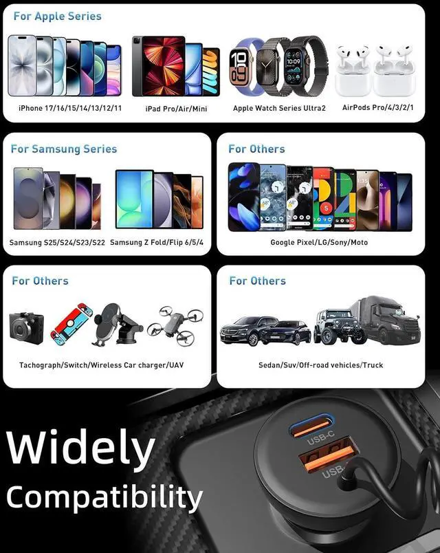 Alt view image 5 of 7 - 90W iPhone 17/17 Pro Max/Air Car Charger Fast Charging 3-Port USB C Fast Car Charger Cigarette Lighter Adapter & 4FT USB-C Coiled Cable for iPhone 17/Air/17 Pro /16/15 Pro Max/Plus iPad Android