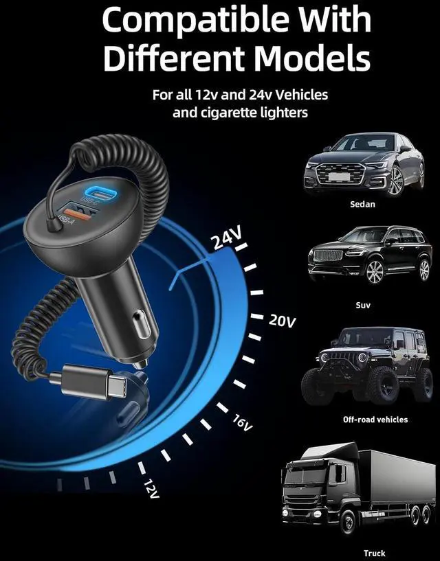 Alt view image 7 of 7 - 90W iPhone 17/17 Pro Max/Air Car Charger Fast Charging 3-Port USB C Fast Car Charger Cigarette Lighter Adapter & 4FT USB-C Coiled Cable for iPhone 17/Air/17 Pro /16/15 Pro Max/Plus iPad Android