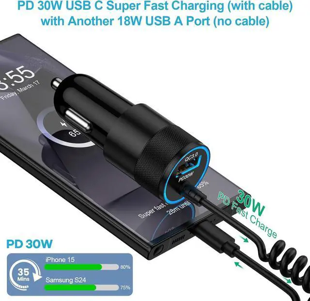 Alt view image 2 of 7 - for iPhone 16e 17 Pro Max Air Fast Car Charger Adapter for iPhone 16e 16 16 Pro Max 16 Pro 16 Plus 15 Series USB C Vehicle Phone Auto Automobile Plug with 2.8FT Coiled Cable Cord Fast Charging