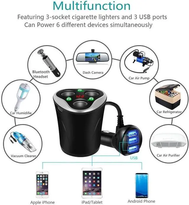 Alt view image 3 of 7 - 3 Socket Cigarette Lighter Splitter Power Adapter + 3 USB Car Charger 120W 12V/24V DC Outlet with Volt Meter On/Off Switch for Cell Phone GPS Dash Cam & All Electronic Devices (Black)