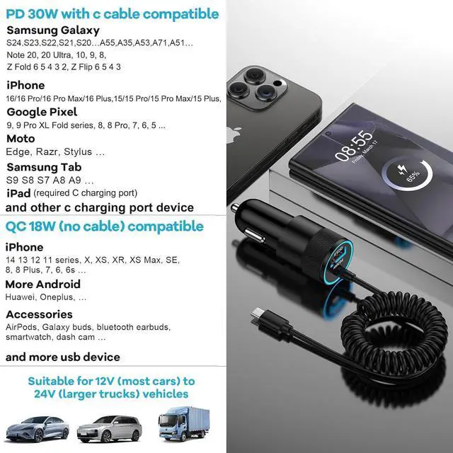 Alt view image 5 of 7 - for iPhone 16e 17 Pro Max Air Fast Car Charger Adapter for iPhone 16e 16 16 Pro Max 16 Pro 16 Plus 15 Series USB C Vehicle Phone Auto Automobile Plug with 2.8FT Coiled Cable Cord Fast Charging