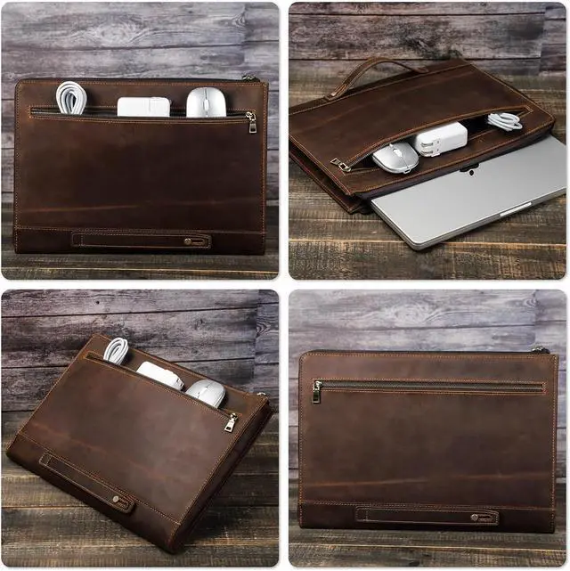 Alt view image 2 of 7 - Top Grain Leather 14.2 Slim Laptop 90° Zipper Bag Vintage Design Handmade Compatible with MacBook Pro/Air 14/13.3/13.6 2021 2022 M1 Pro/M1 Max A2442 & Other Laptop Coffee 14.2 Inch