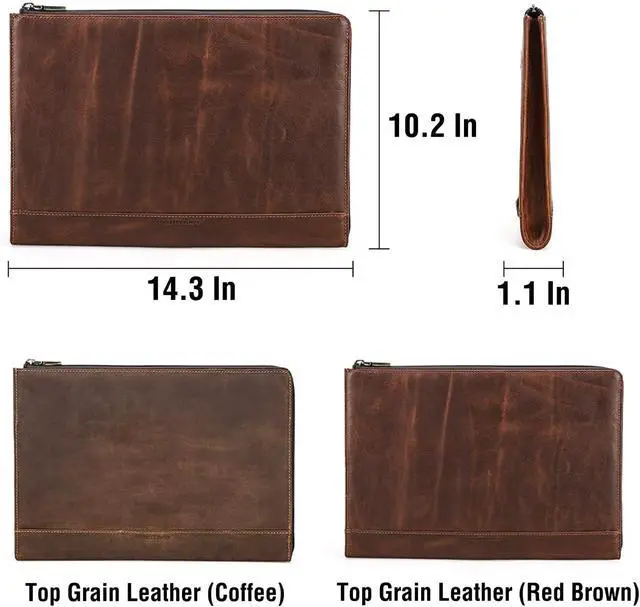 Alt view image 4 of 7 - Top Grain Leather 14.2 Slim Laptop 90° Zipper Bag Vintage Design Handmade Compatible with MacBook Pro/Air 14/13.3/13.6 2021 2022 M1 Pro/M1 Max A2442 & Other Laptop Coffee 14.2 Inch