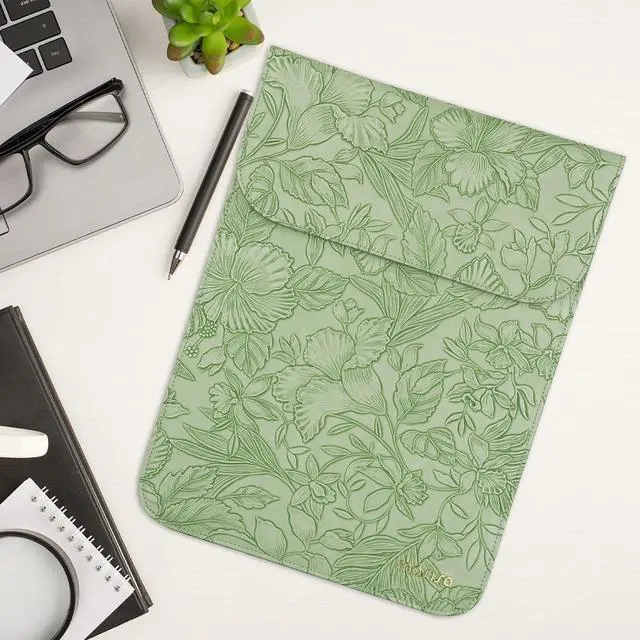 Alt view image 7 of 7 - Laptop Case 13 inch 13 inch Laptop Sleeve Compatible with MacBook Air M4 M3 M2 M1 2025-2018 / Pro M2 M1 2025-2016 Embossed Retro Hibiscus PU Leather Case with Small Bag Sage Green