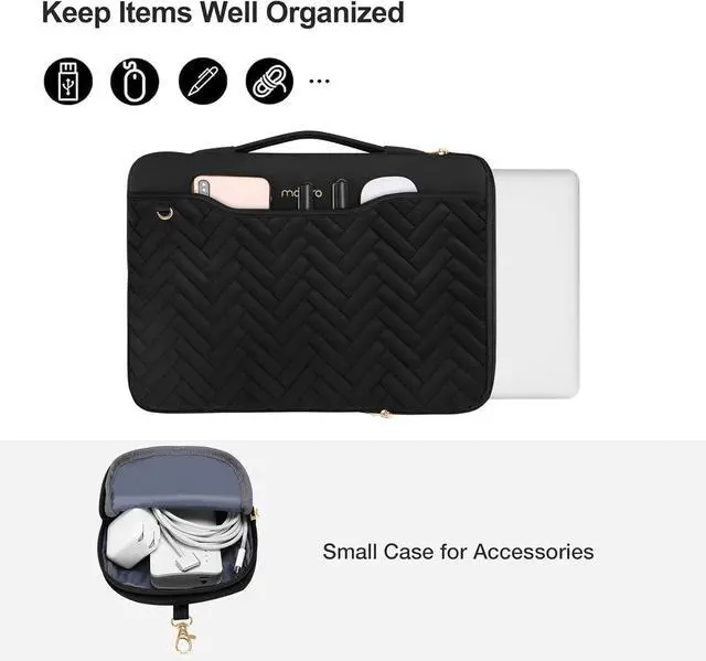 Alt view image 2 of 7 - 13.3 inch 360 Protective Laptop Case 13-13.3 inch Laptop Sleeve Compatible with MacBook Air/Pro 13 13.6/Pro 14 HP   Rectangle Quilted Bag with Handle&Pocket&Small Case Black